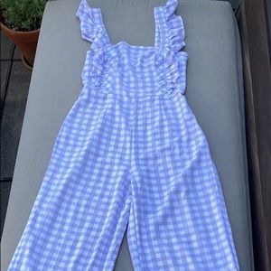 Summer pinafore pants in white & lilac gingham with smocked back and side zip